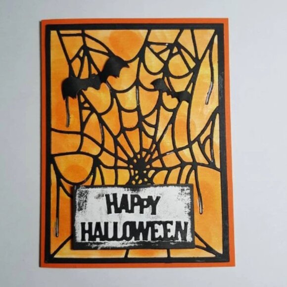 Happy Halloween Spider Webs and Bats Note Card - Orange & Black, Die Cut & Stamp - Picture 3 of 3
